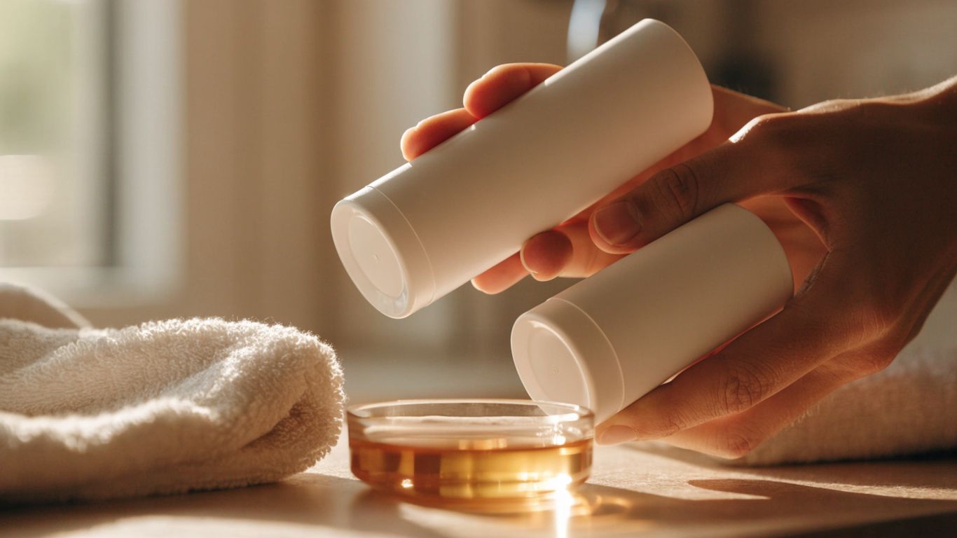 A hand comparing lubricant packaging beside a clean towel