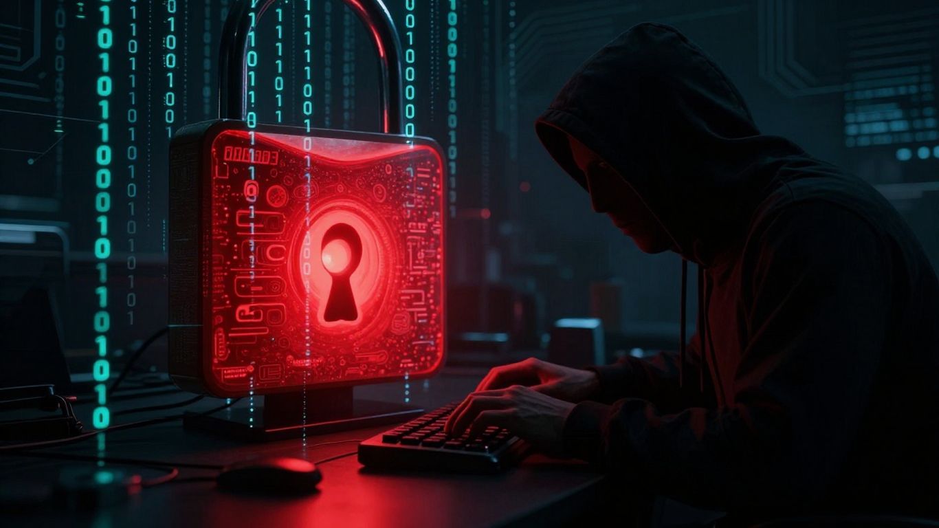Hacker in front of computer screen with digital padlock.