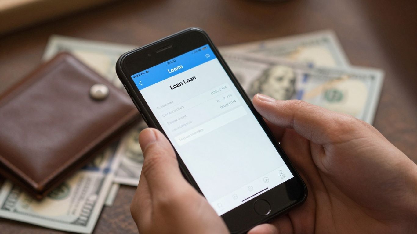 Hand holding phone with loan application, money nearby.