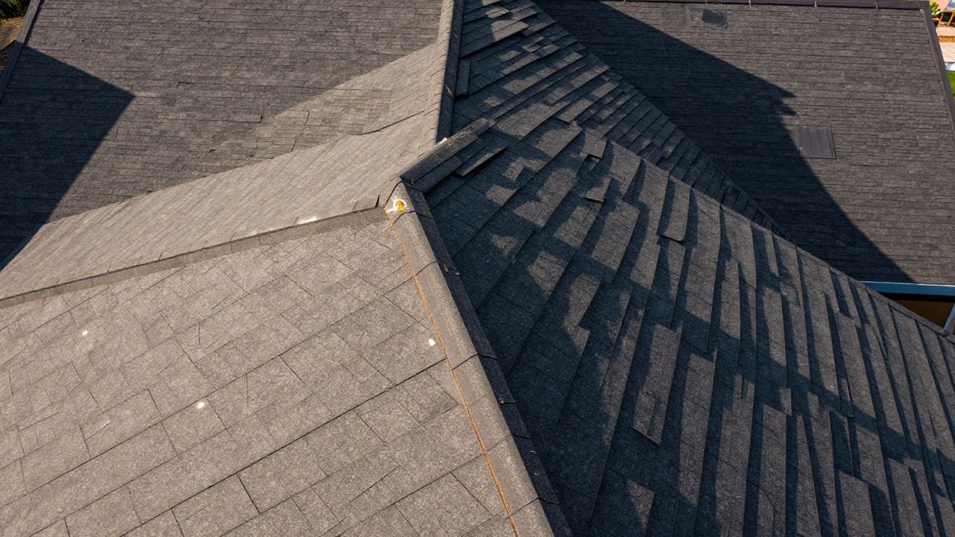 Detailed view of a house roof's complex angles and surfaces.