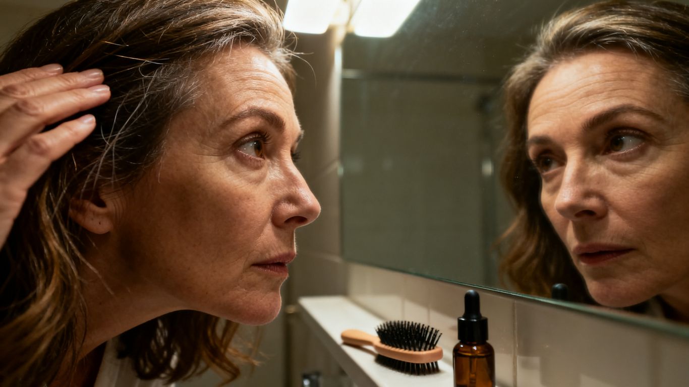 A close-up shot of a woman looking at her hair