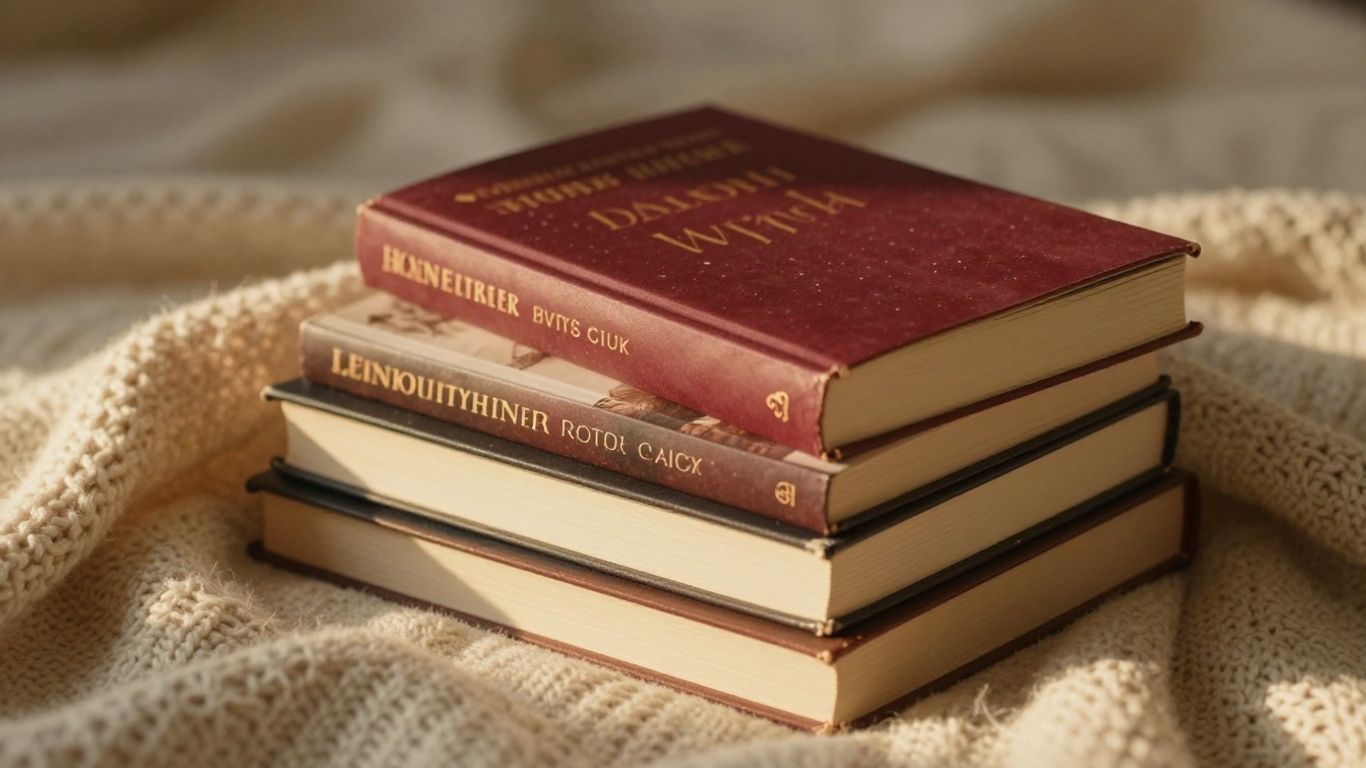 Cozy romance book stack with warm lighting and cream/red colors.