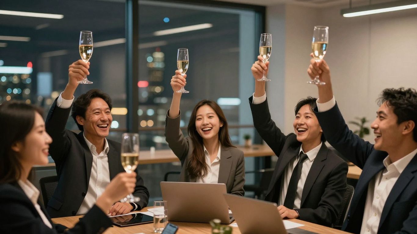 Investors celebrating a financial milestone with champagne.