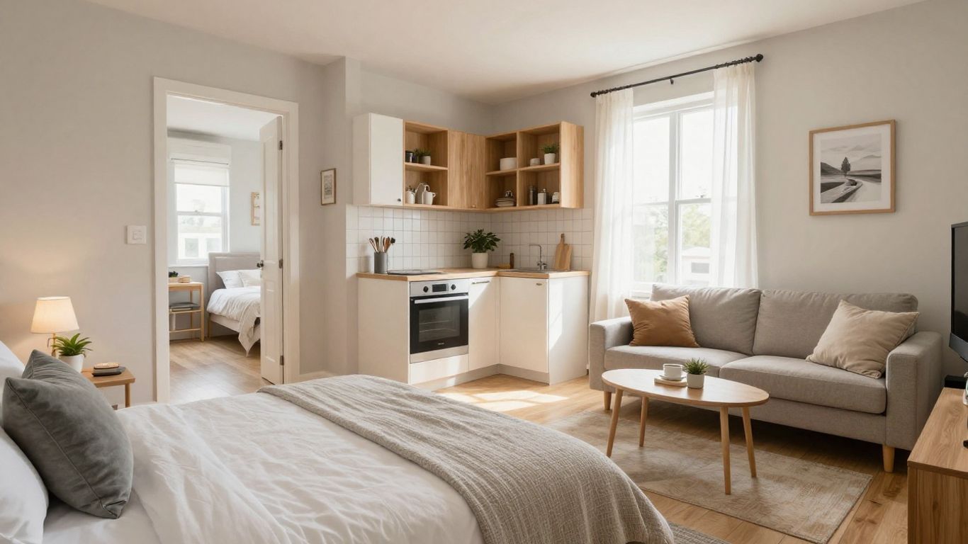 Furnished studio apartment interior for Airbnb