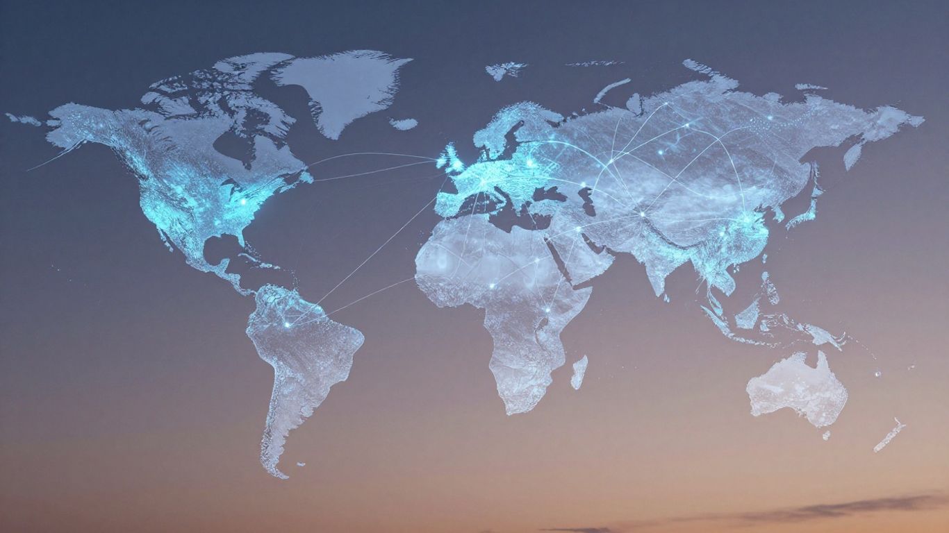 Global shipping network map at sunset