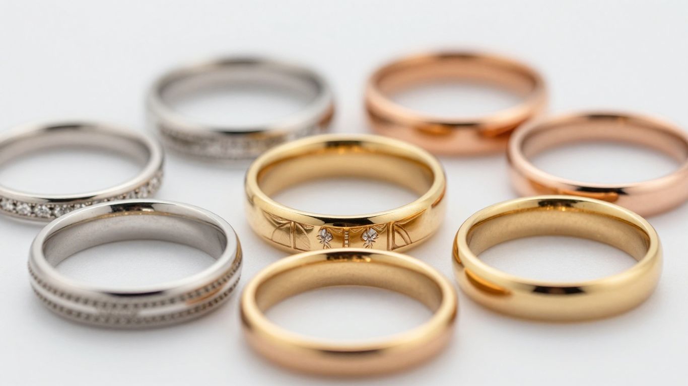 Assortment of wedding bands in various styles and metals.