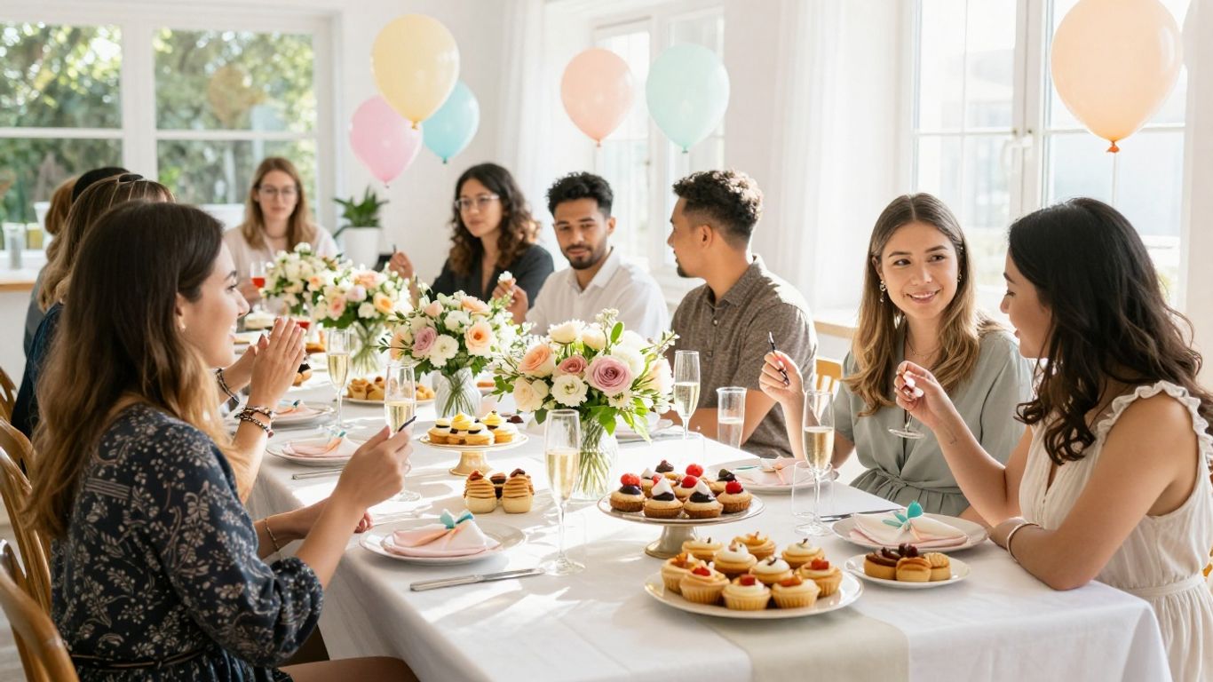 Elegant baby shower venue with balloons, flowers, and happy guests.