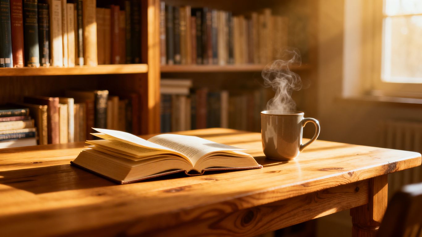 Bookshelf with books, open book, and steaming mug.