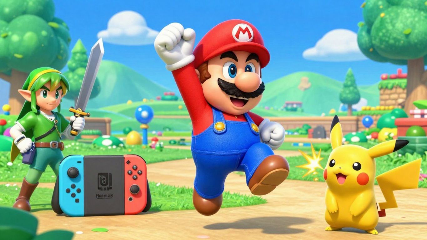 Collage of Nintendo Switch game characters and worlds.