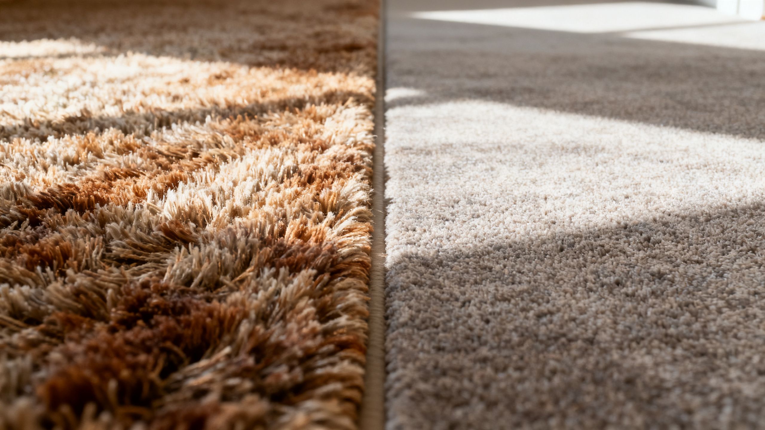 Newly fitted wool and synthetic carpets shown side by side in a Bristol home, with visible differences in texture, pile depth and natural warmth under soft daylight