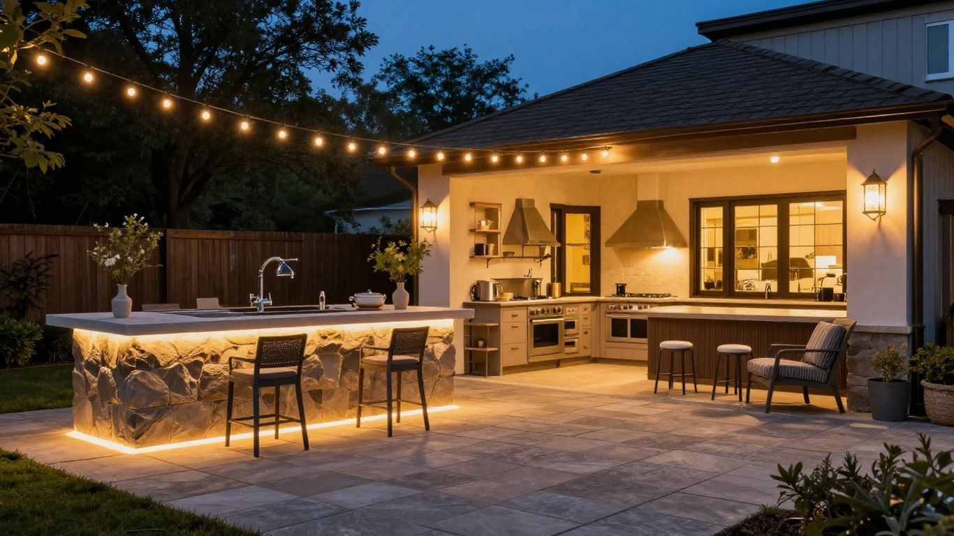 Illuminated outdoor kitchen and patio with paving overlays.