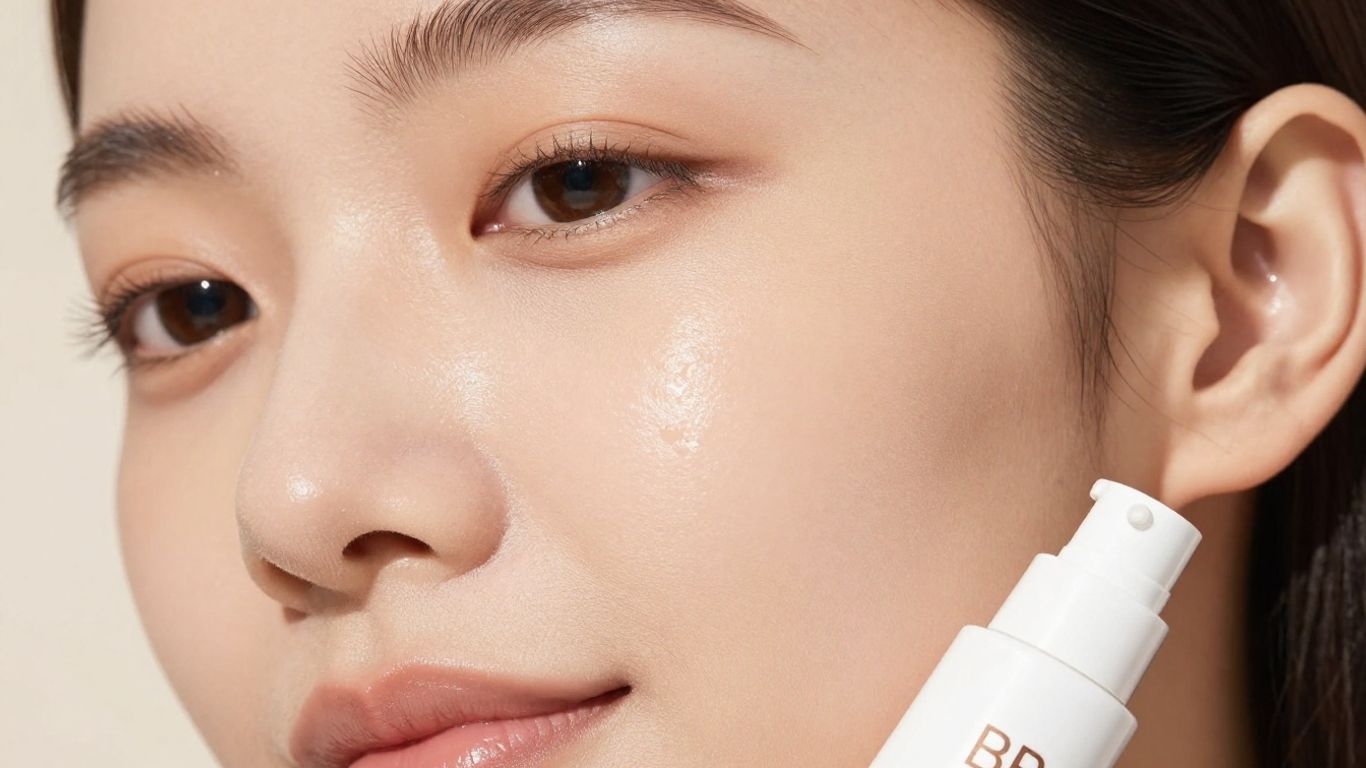 Woman with radiant skin and BB cream product.