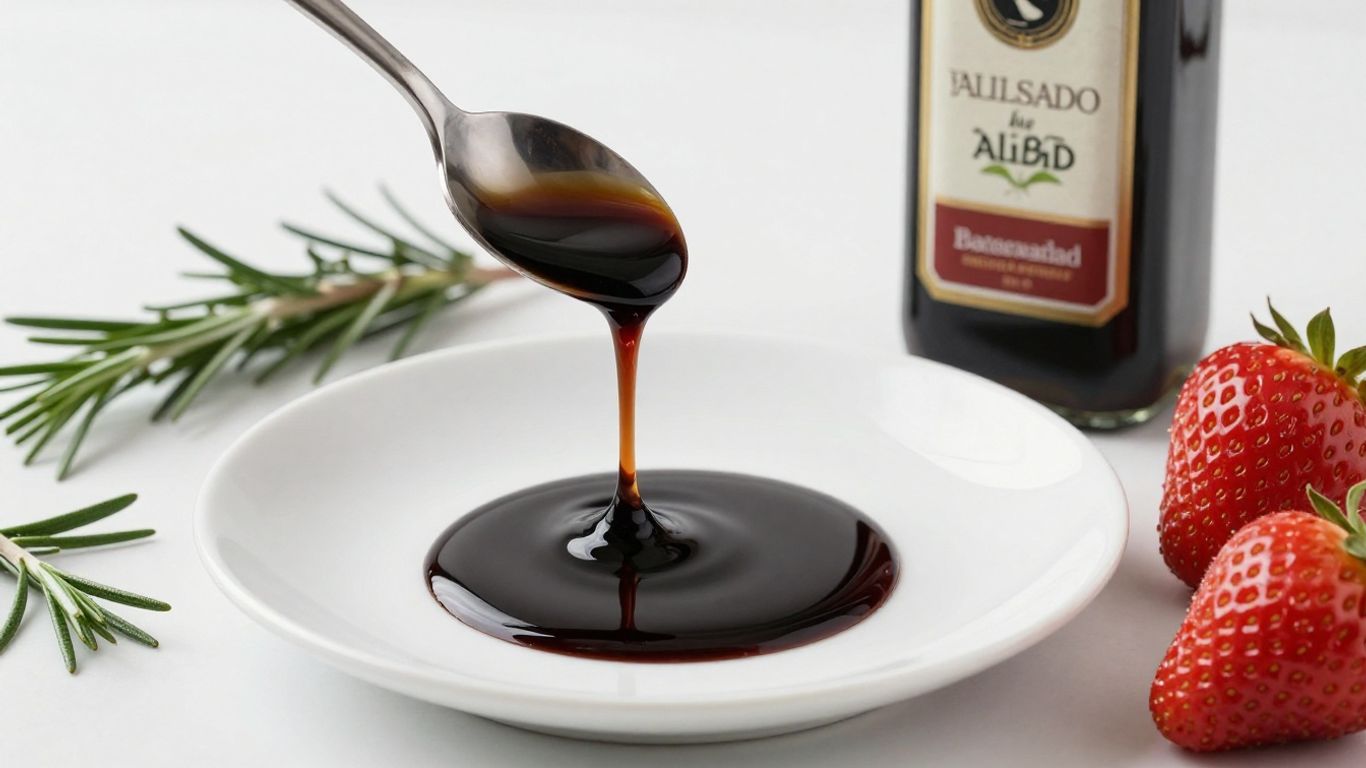 Balsamic glaze drizzled on a plate with ingredients.