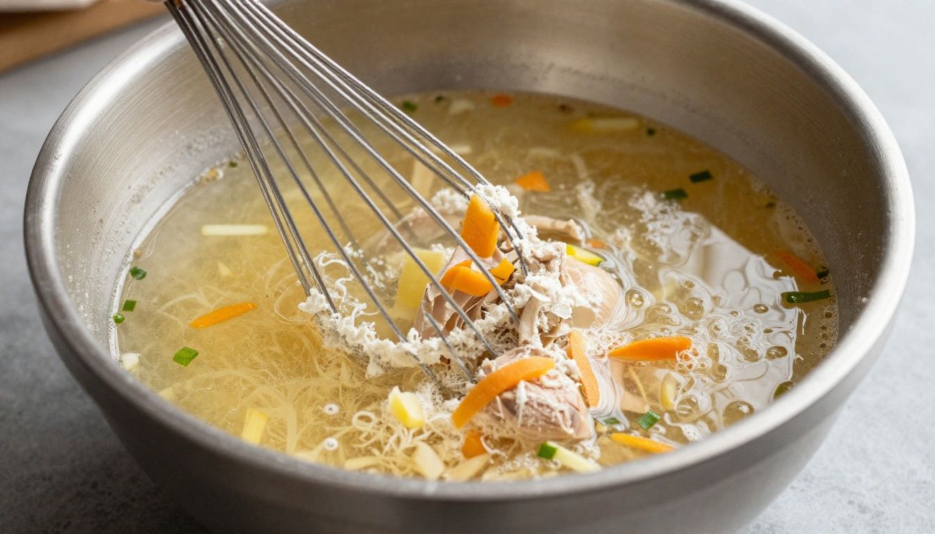 Olive Garden Chicken Gnocchi Soup - Whisking chicken broth into the flour and vegetable mixture