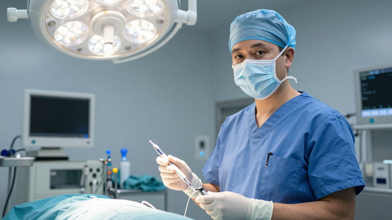 Anesthesiologist assistant in operating room with medical equipment.
