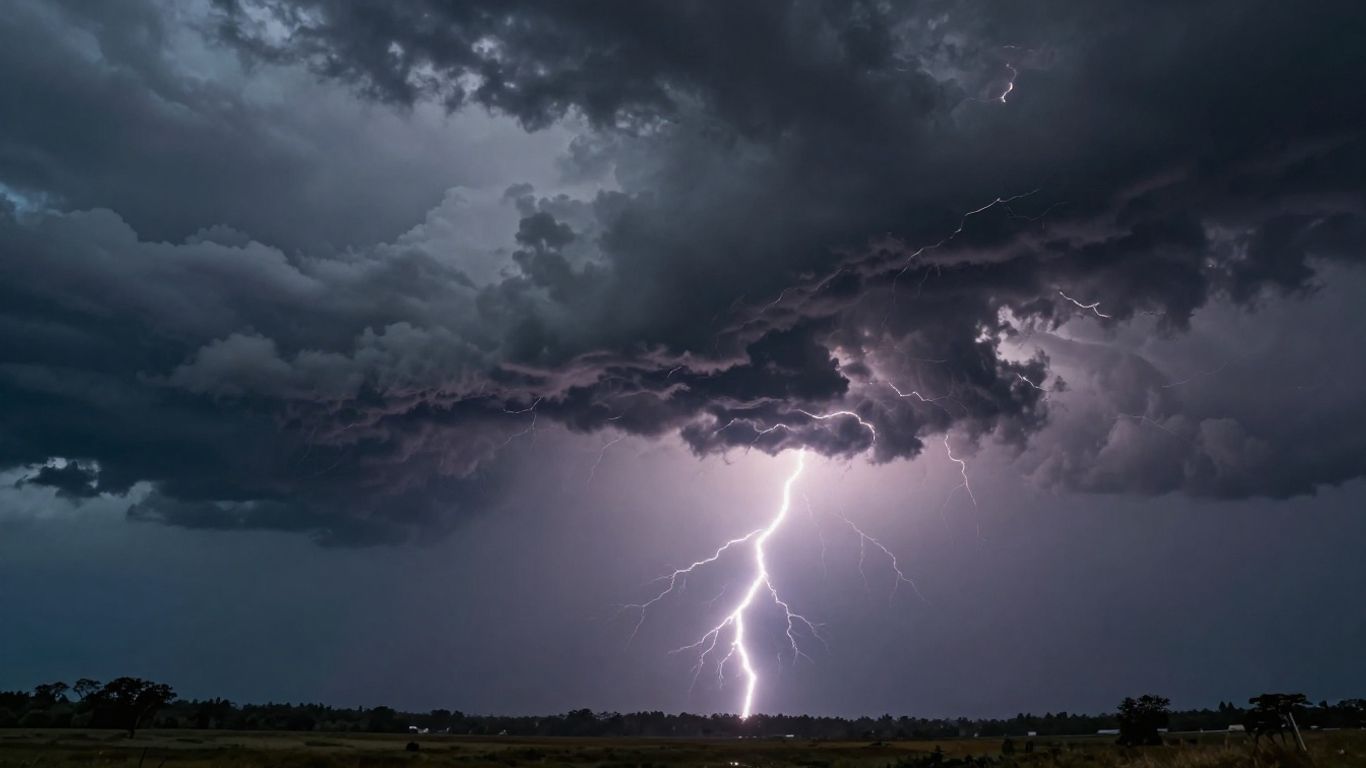 Storm clouds with lightning over a landscape.