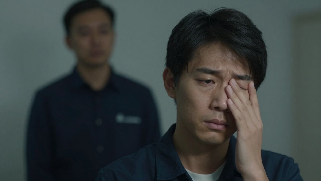 Person looking tired, with another figure in the background.