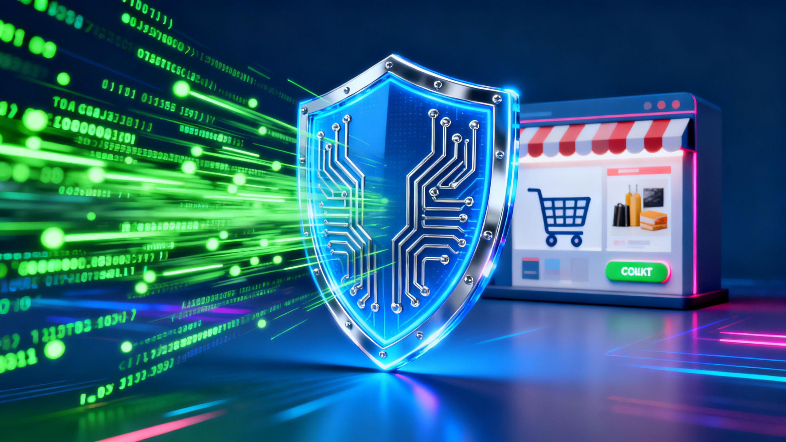 A futuristic digital shield deflecting streams of malicious code, symbolizing agentic AI for vulnerability detection protecting an eCommerce store.