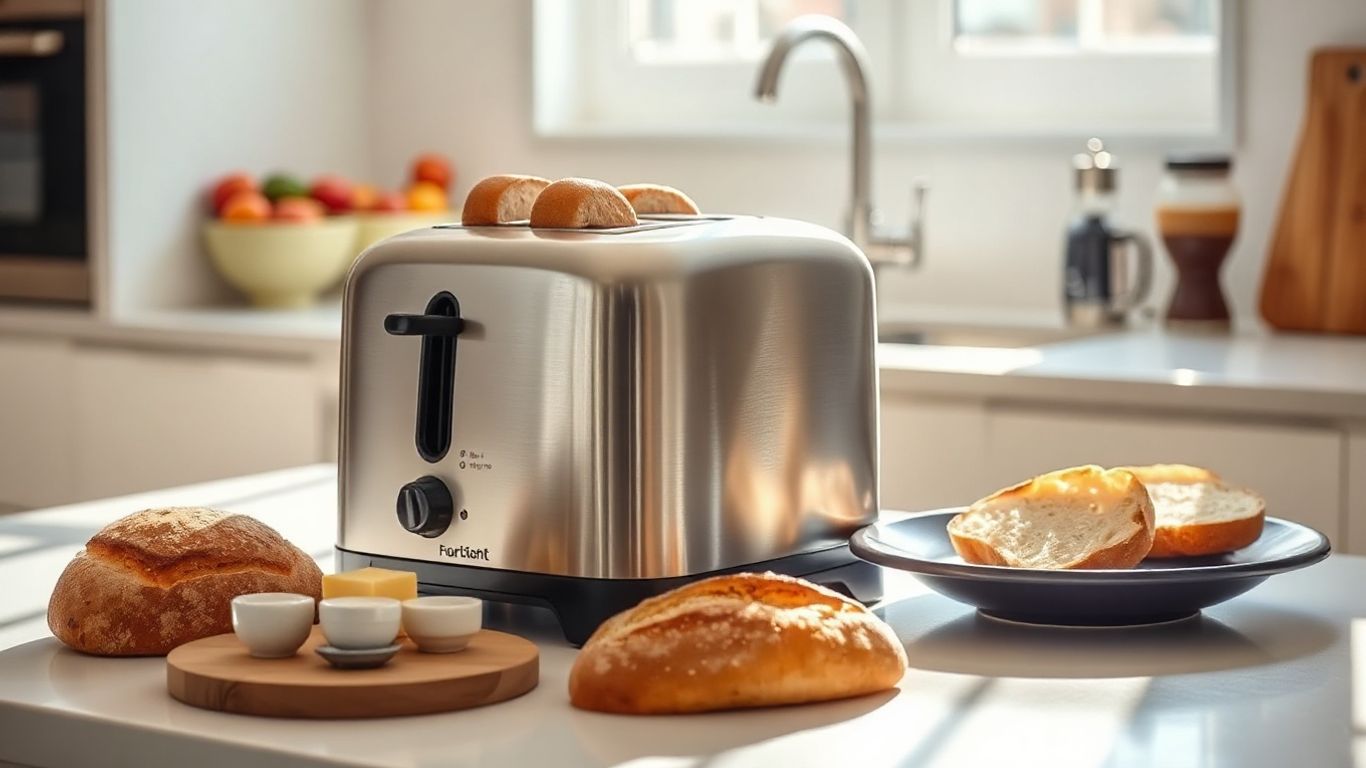 Modern toaster on a kitchen counter with bread.