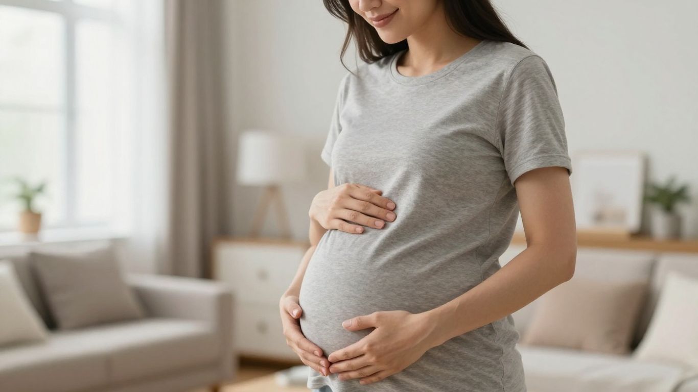 Mulher grávida sorrindo, segurando a barriga em ambiente acolhedor.