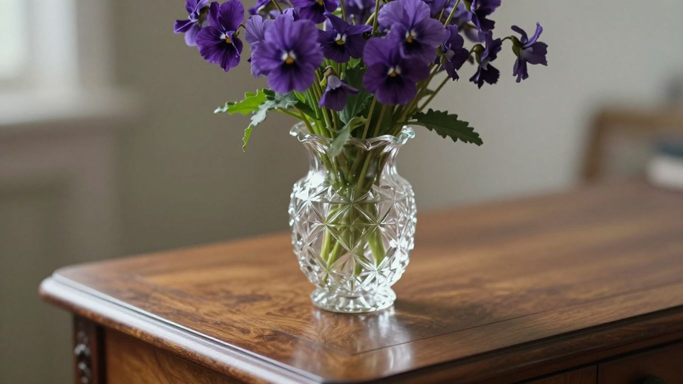 Purple violets in a delicate crystal vase