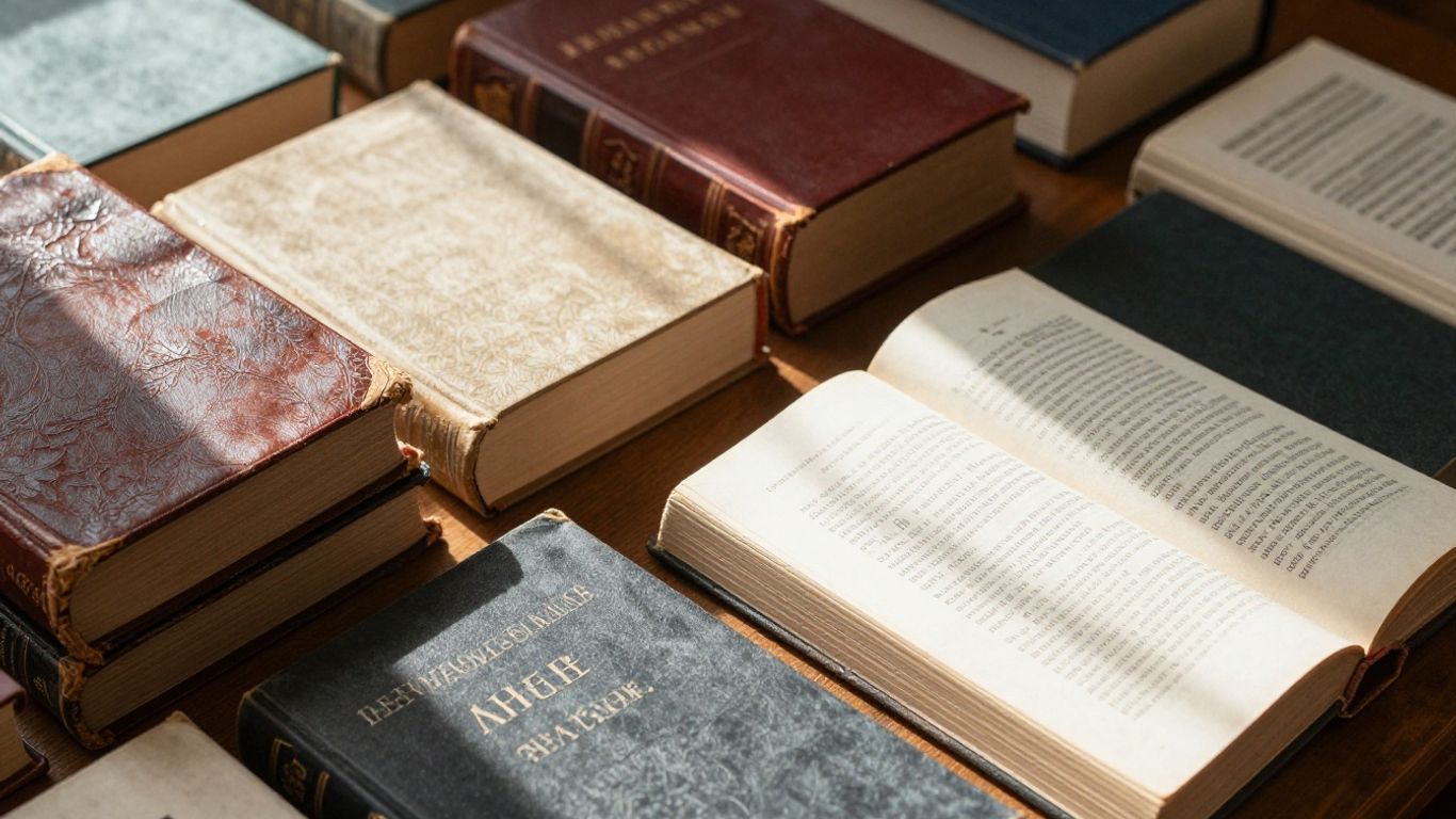 Stack of classic and modern books bathed in sunlight.