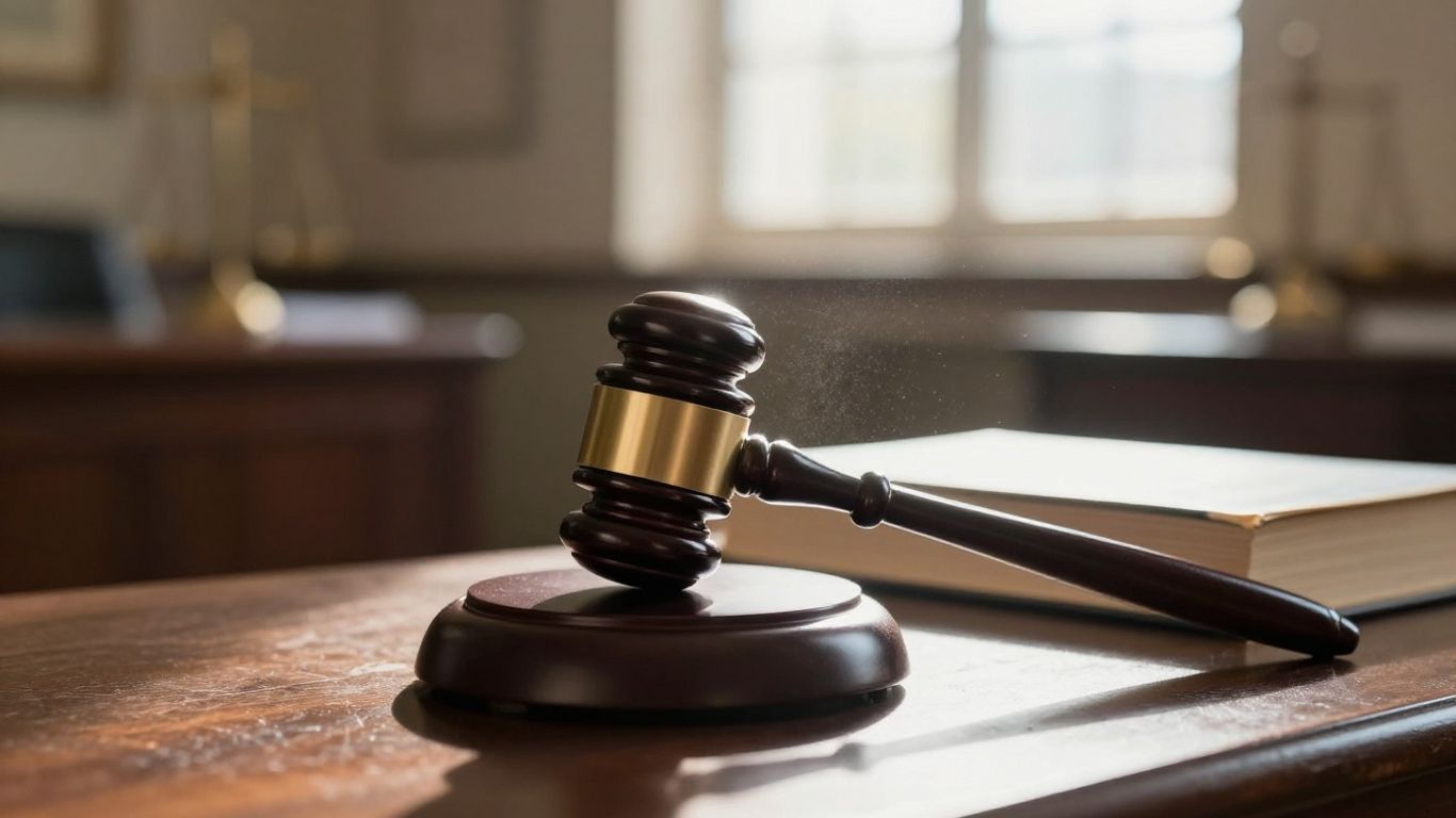Gavel on legal book with courthouse background.