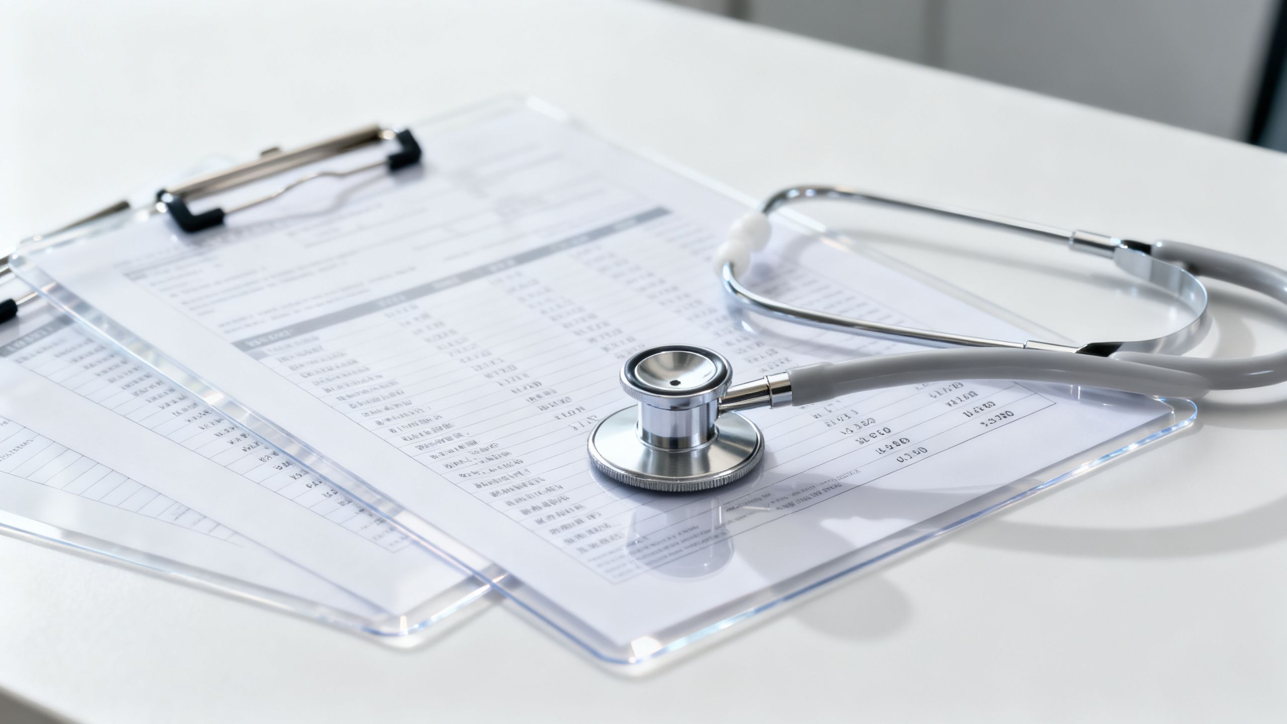 A clean clinical desk showing transparent pricing documentation and a stethoscope