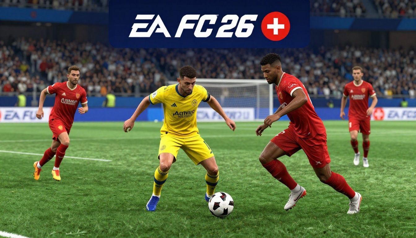 Partida de futebol virtual em EA FC 26 com jogadores disputando a bola em um estádio lotado