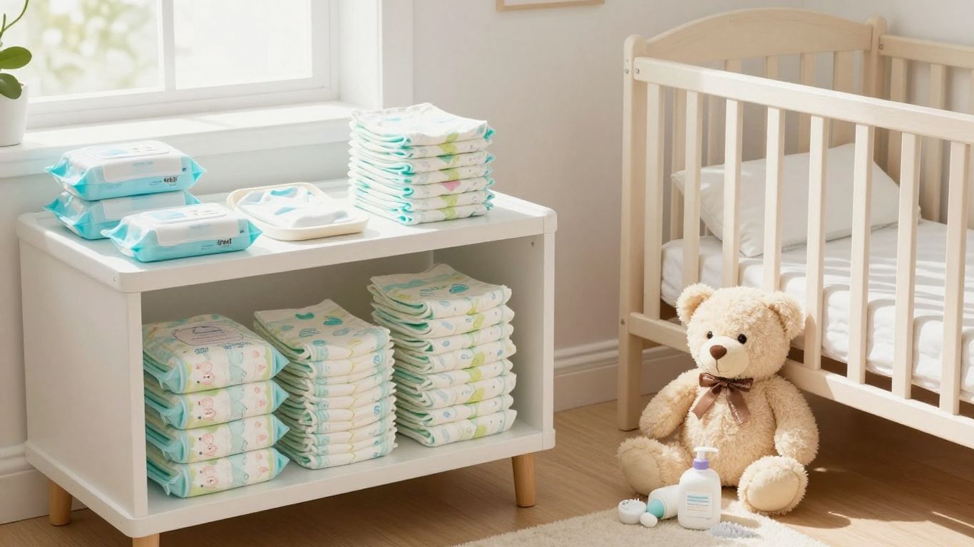 Nursery changing station with diapers, wipes, and baby care items.