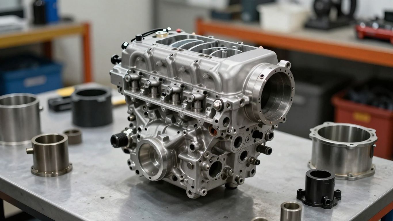 Close-up of a clean Subaru engine in a workshop.