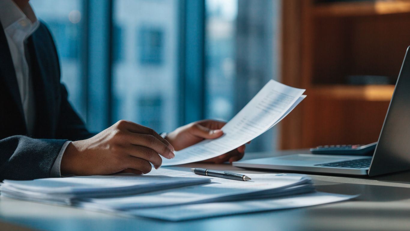 Finance professional reviewing a business statement at desk
