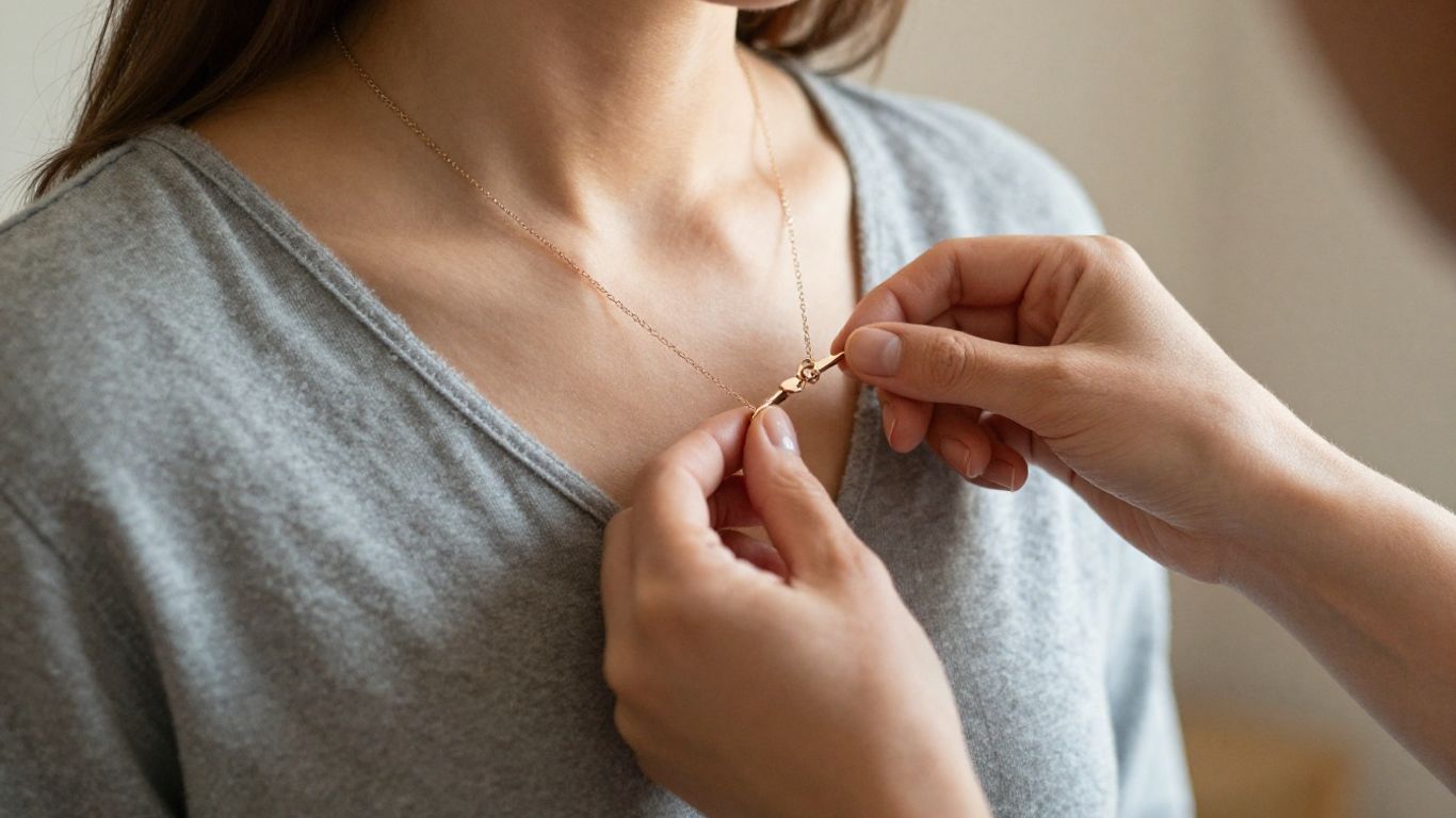 A person checking a necklace clasp in a mirror