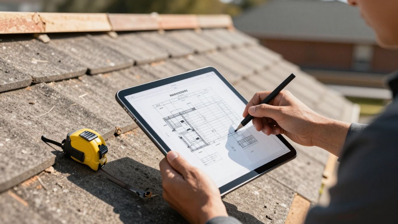 Contractor using tablet for roofing estimate