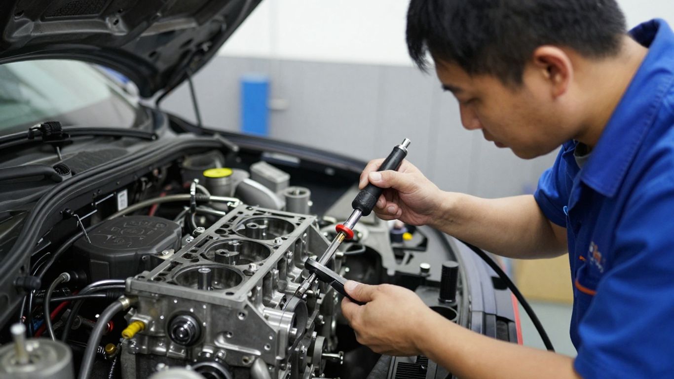 Technician performing engine compression measurement
