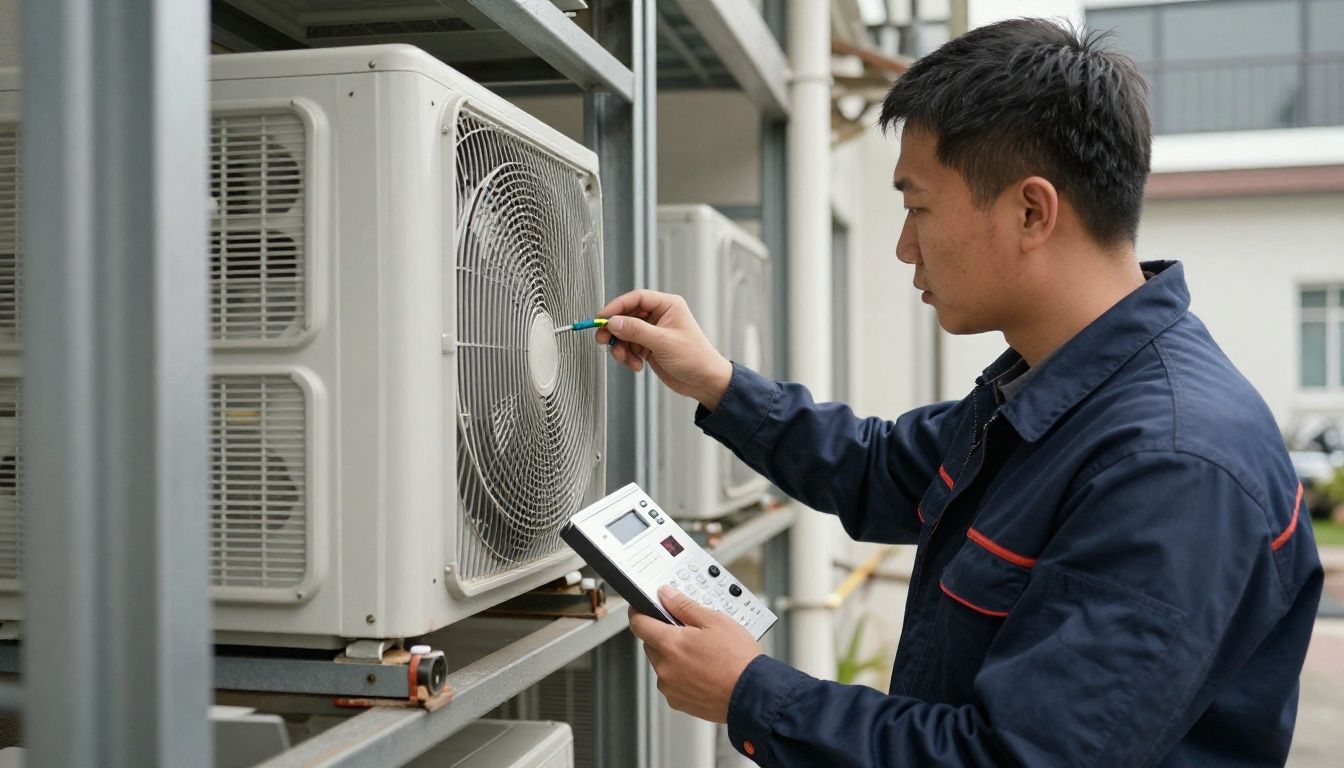 A skilled technician in uniform inspecting a residential HVAC system with professional tools