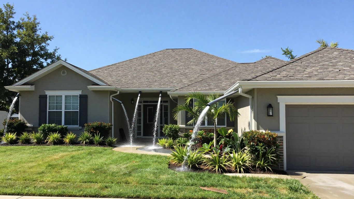 House with multiple downspouts directing water away.