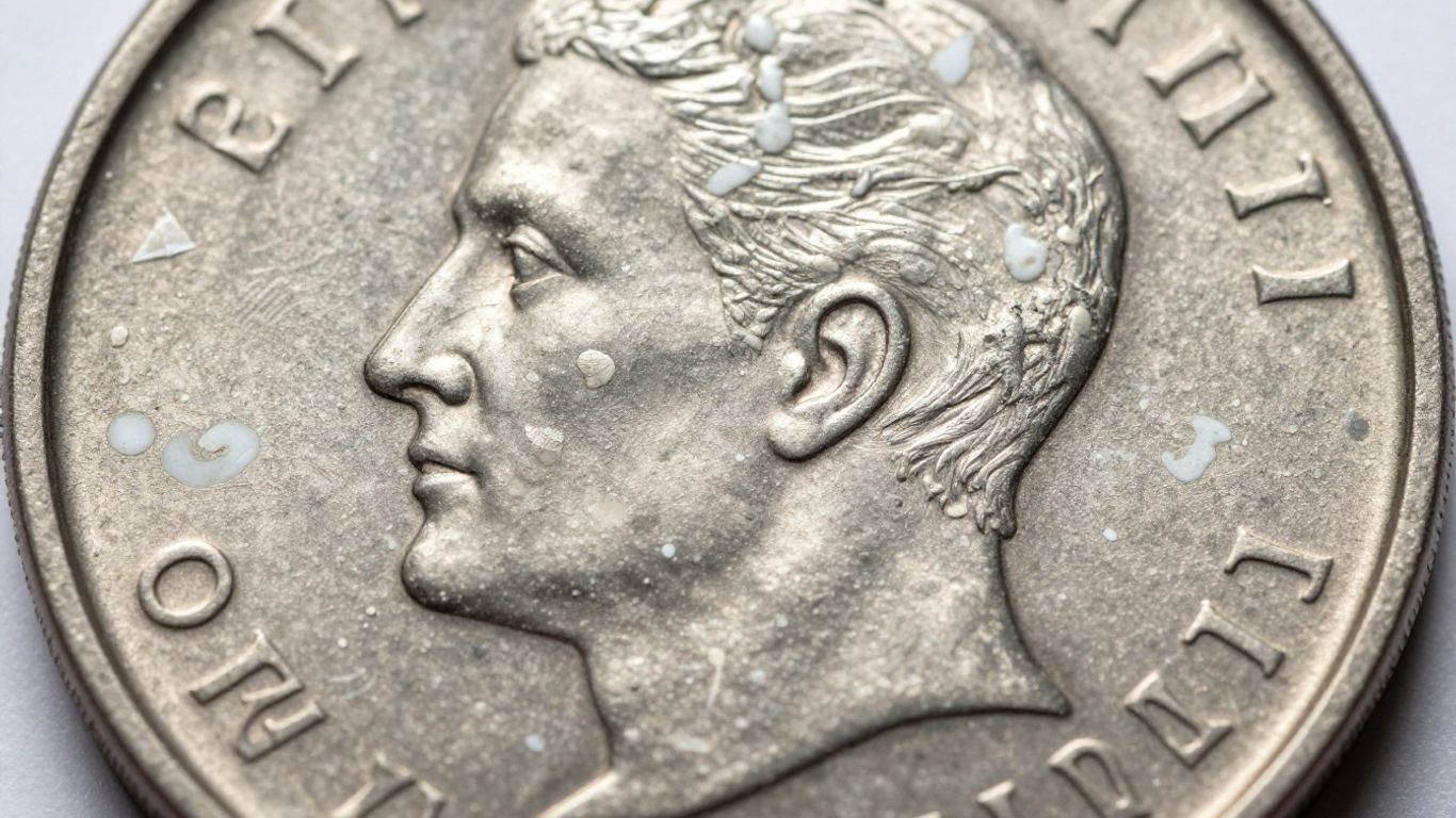Close-up of coin surface with white spots.