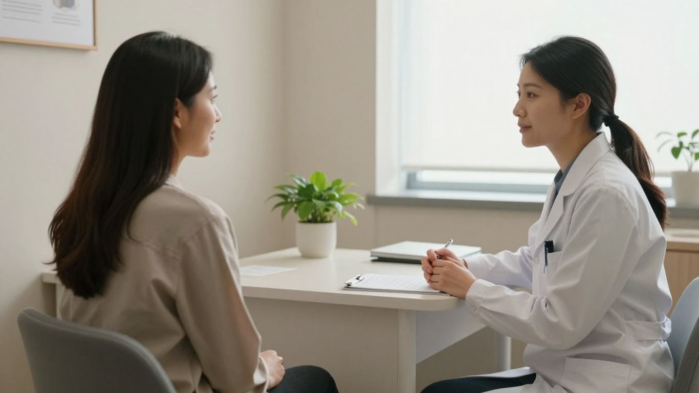 Mulher conversando com ginecologista em consultório acolhedor