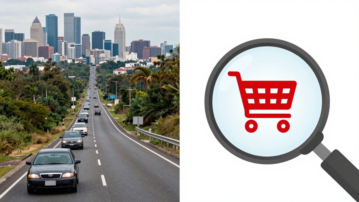 Road leading to city vs. magnifying glass on shopping cart.