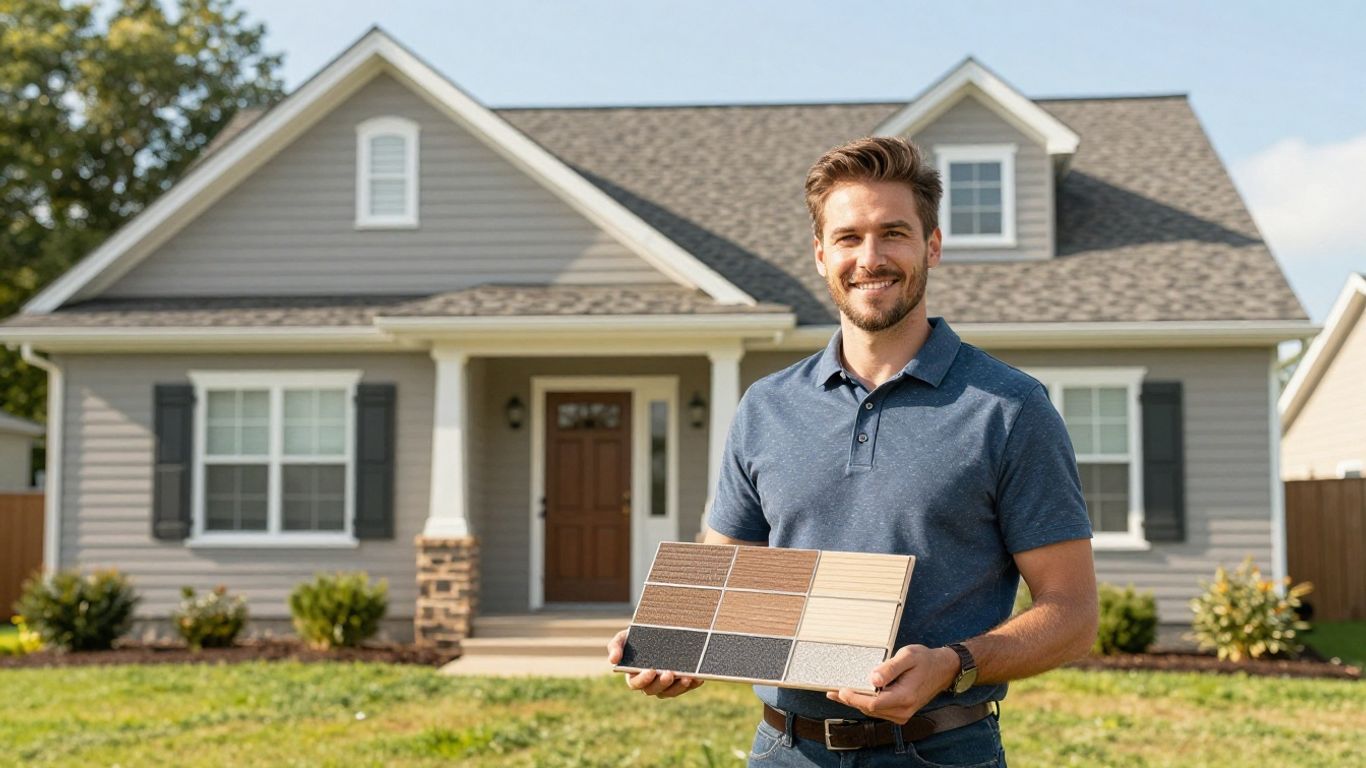 Roofing salesperson at a house with a sample.