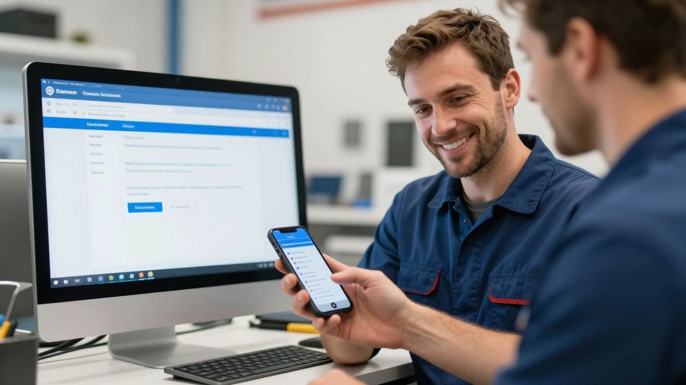Tradie using phone for automated customer follow-ups.