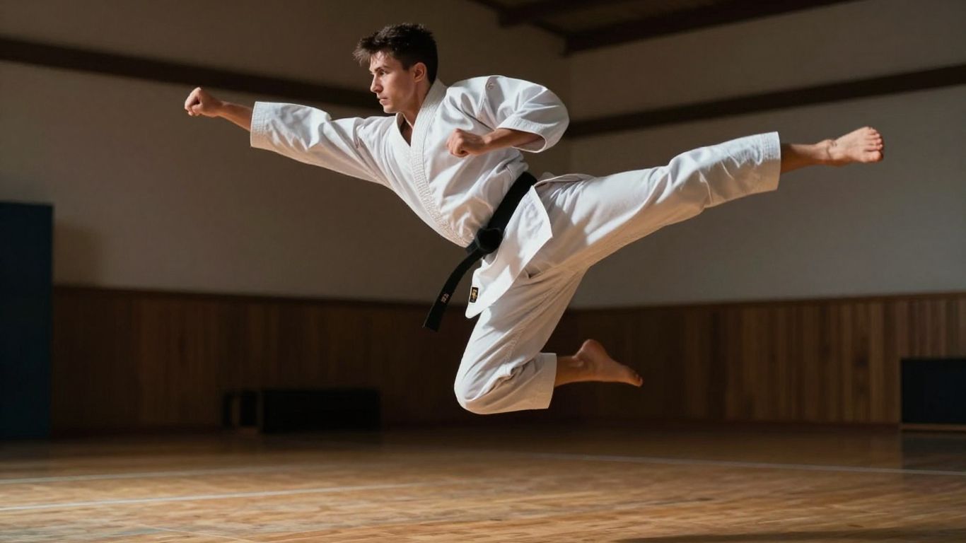 Practicant de karate executând o lovitură puternică în aer.