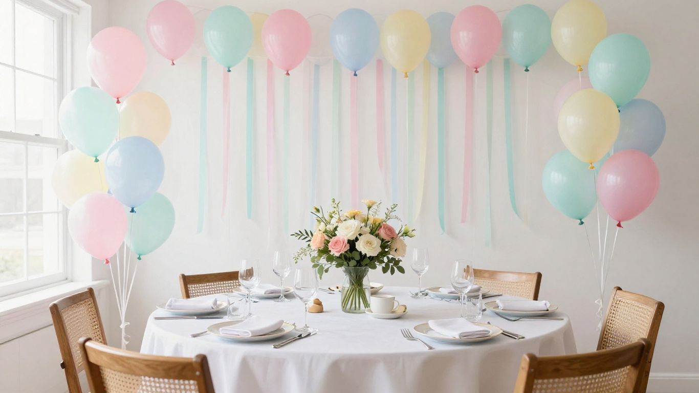 Baby shower venue with balloons and table setting.