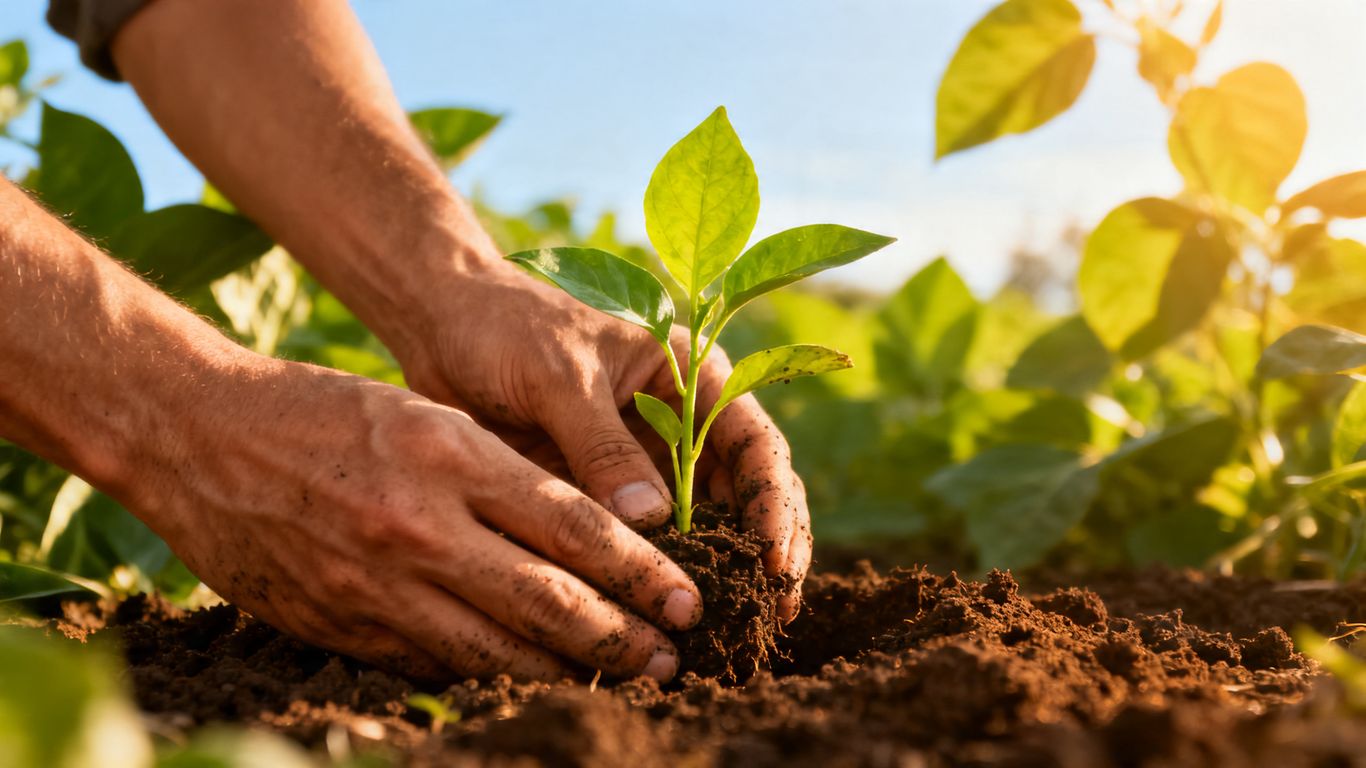 Hands planting a seedling in soil, symbolizing growth.