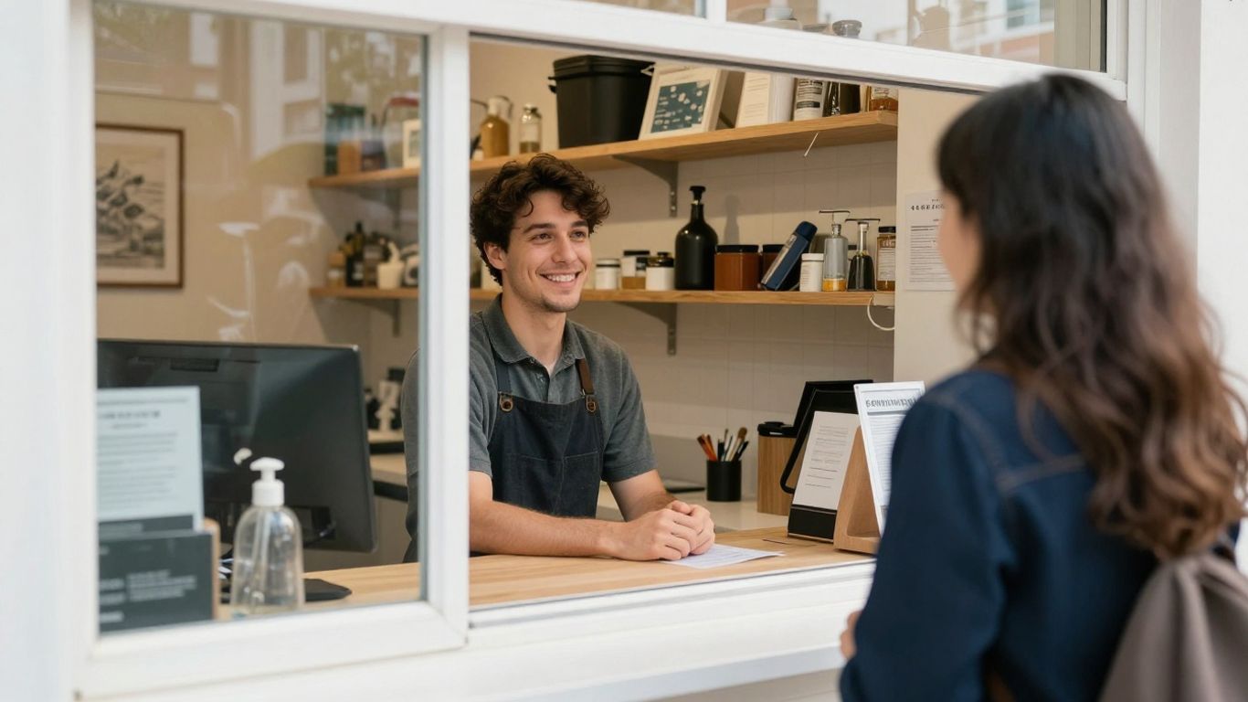 Local business owner greeting customer warmly