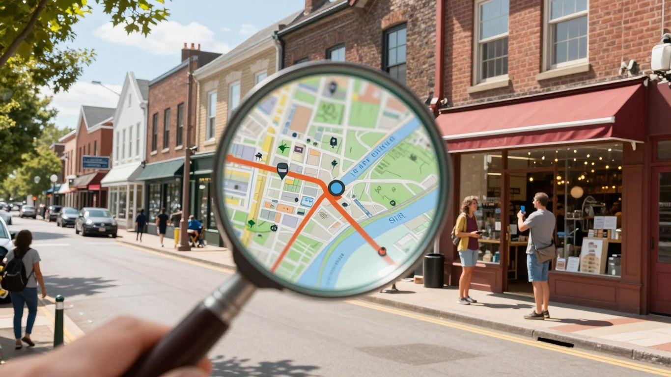 Local businesses on a map with a magnifying glass.