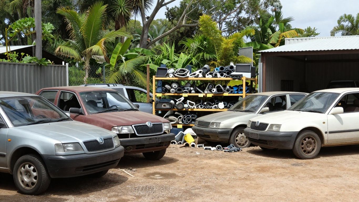 Darwin yard with dismantled Skoda vehicles