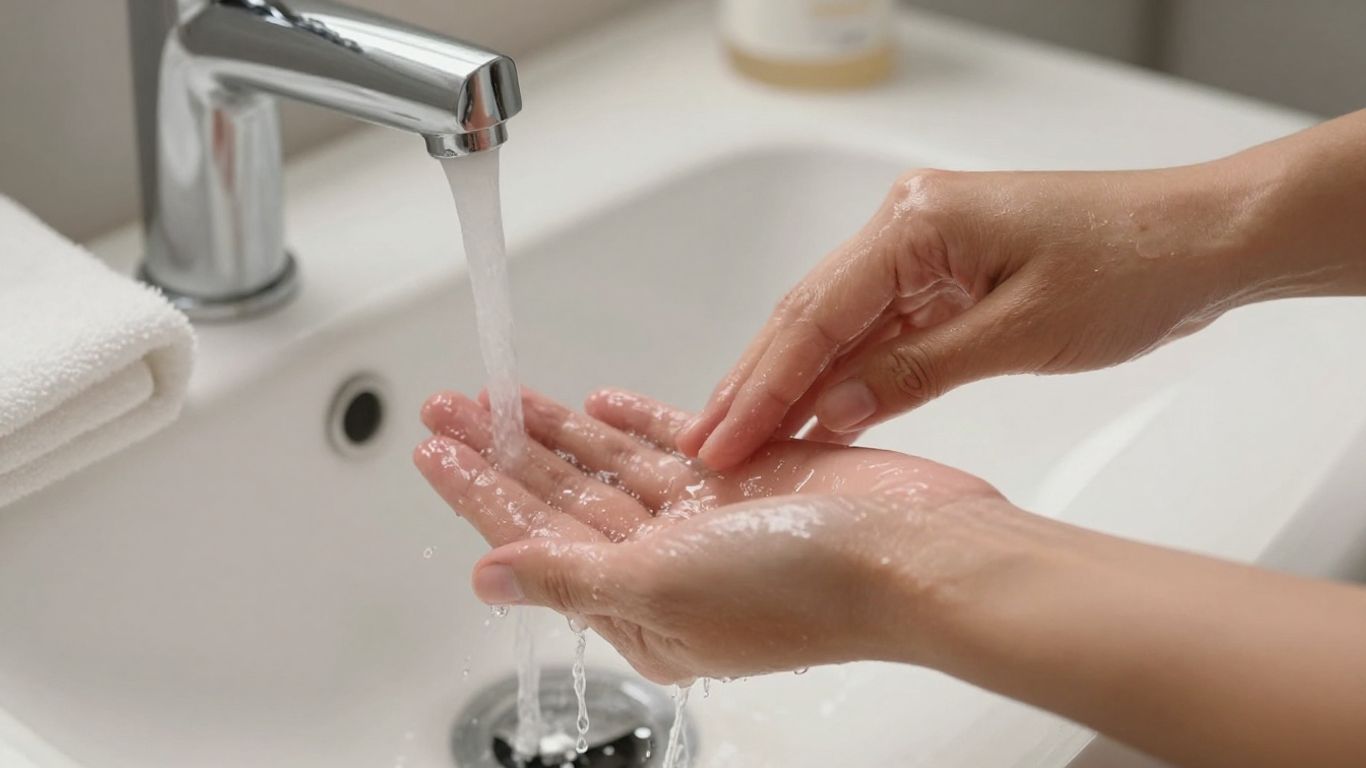 Hands rinsing lubricant from skin