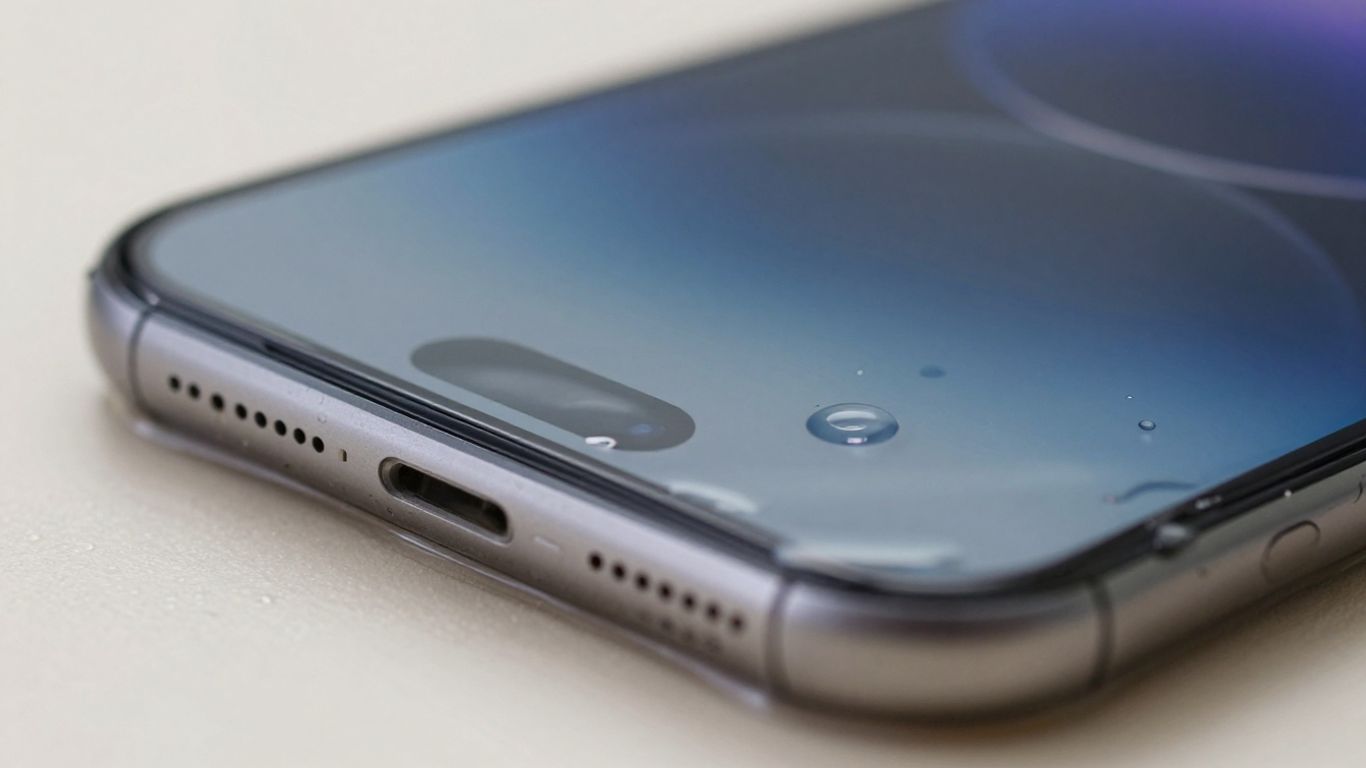 Smartphone partially submerged in water, water damage.